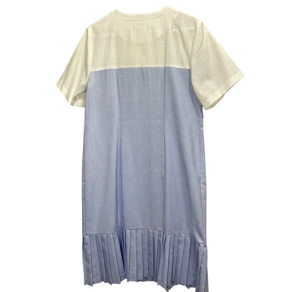 Vintage 80s ILGWU Manikin Woven Charleston Blue & White Pleated Trim Dress - Picture 12 of 13